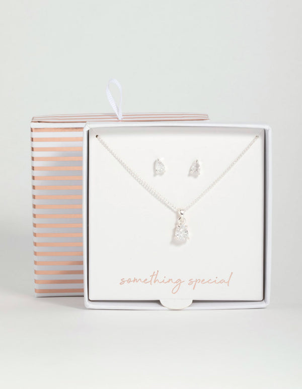 Silver Pear Diamante Necklace & Stud Earrings Set