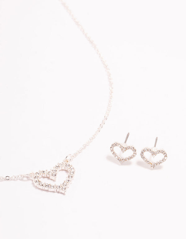 Open Diamante Heart Silver Necklace & Stud Earrings Set