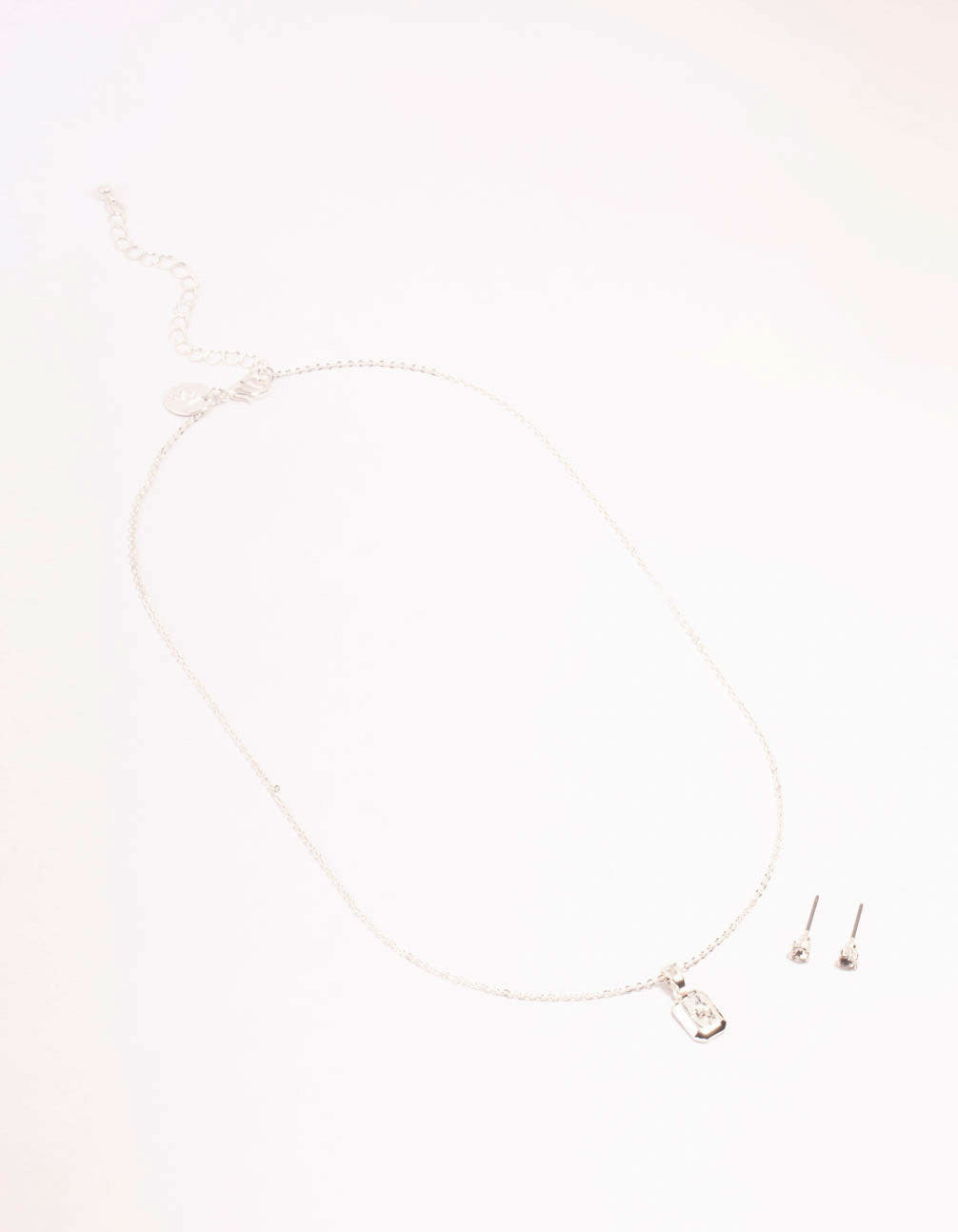 Silver Plated Rectangle Necklace & Stud Earrings Set