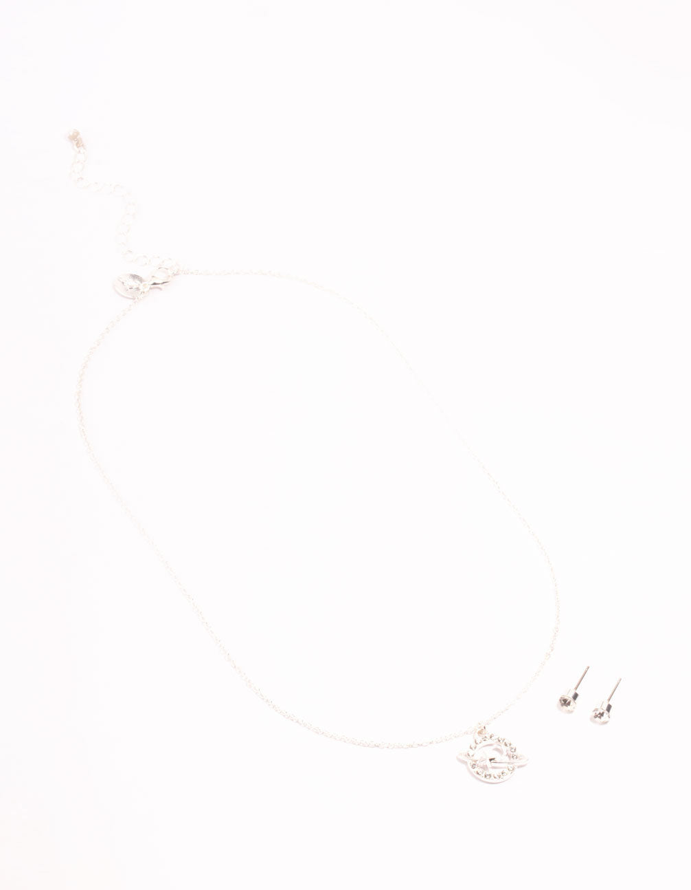 Silver Diamante Planet Necklace & Stud Earrings Set