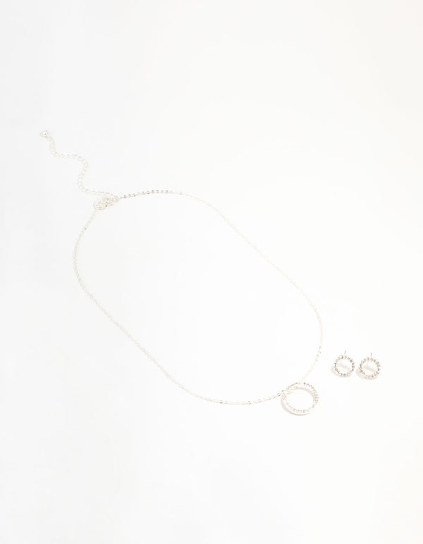 Silver Diamante Open Circle Necklace & Stud Earrings Set