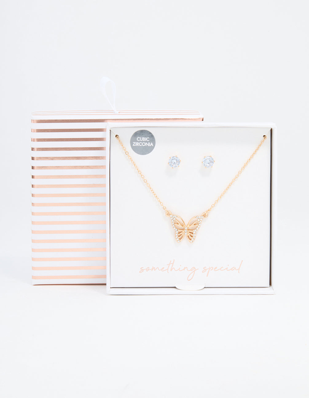 Gold Cubic Zirconia Butterfly Necklaces & Stud Earrings Pack