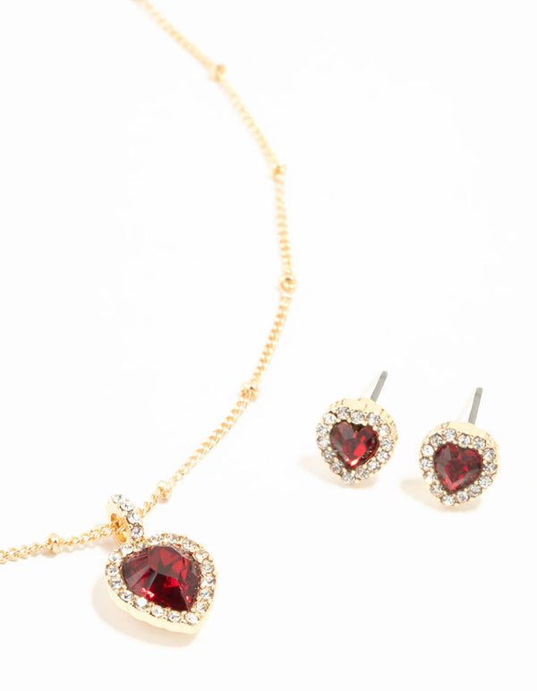 Gold Red Diamante Heart Necklace & Stud Earrings Set
