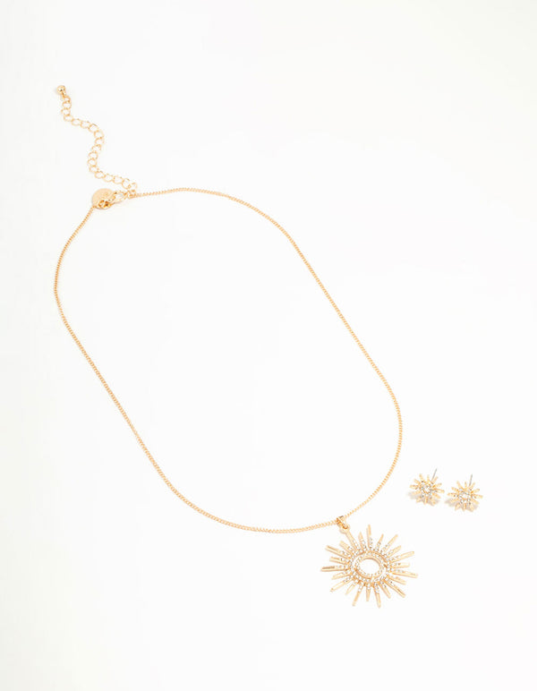 Gold Statement Diamante Sun Necklace & Stud Earrings Set