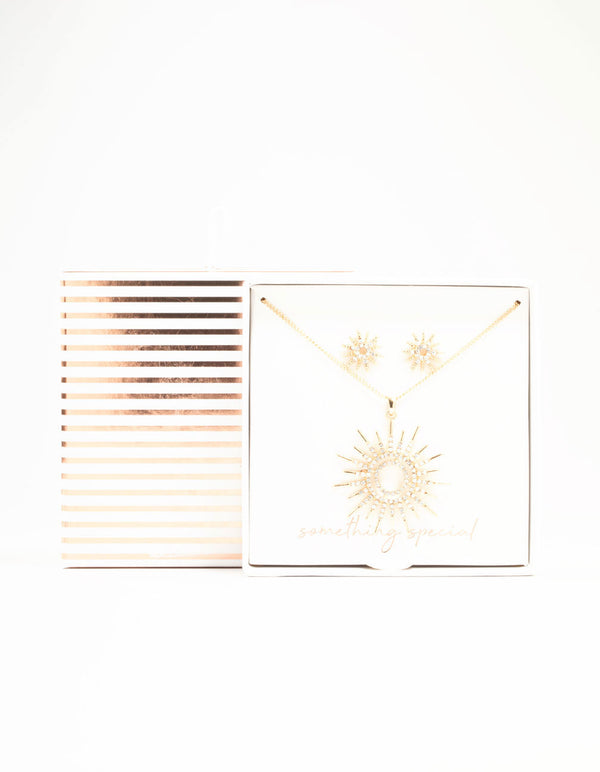 Gold Statement Diamante Sun Necklace & Stud Earrings Set