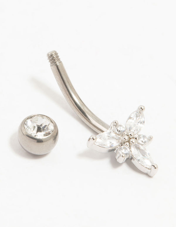 Silver Plated Titanium Cubic Zirconia Belly Bar