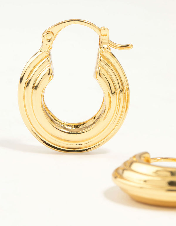 Gold Plated Wide Step Textured Hoop Earrings
