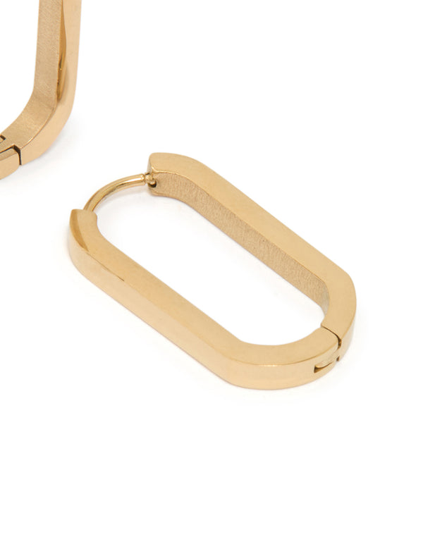 Designed with waterproof gold plated stainless steel oblong hoop earrings in gold post detail view