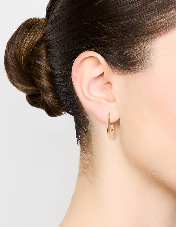 Waterproof elongated flat hoop earrings crafted from gold plated stainless steel on ear view