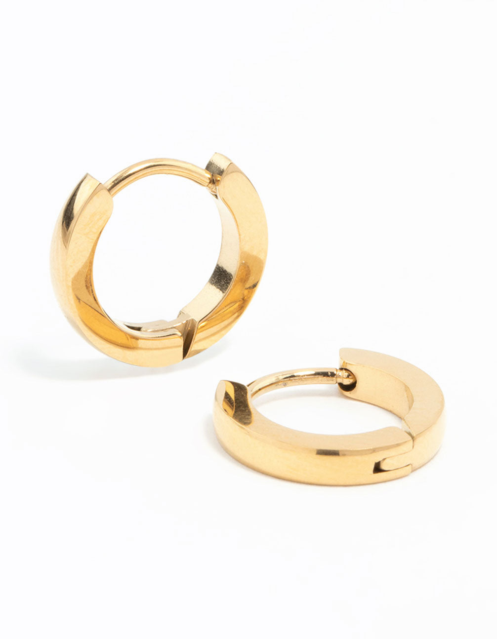 Showcasing waterproof gold plated stainless steel thin clicker earrings in a polished finish front view
