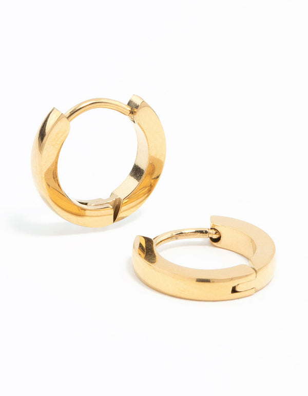 Showcasing waterproof gold plated stainless steel thin clicker earrings in a polished finish front view