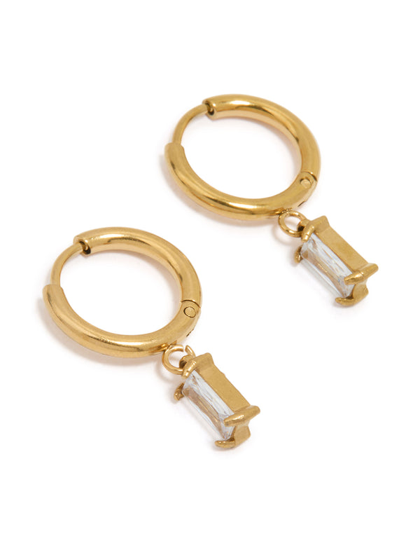 Featuring waterproof gold plated stainless steel baguette diamante huggie earrings front view