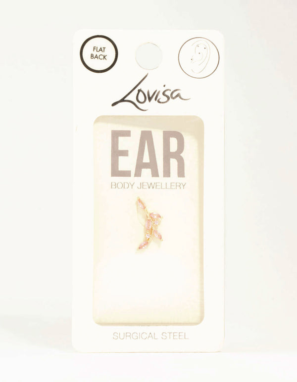 Gold Plated Surgical Steel Pink Diamante Vine Single Flat Back Stud