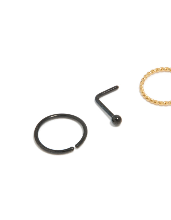 Highlighting mixed metal plated surgical steel diamante twist nose rings and studs 4-pack with ball details, stud closure, and gold finish detail view
