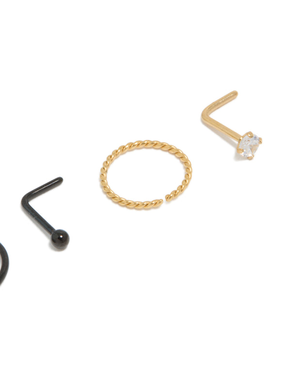Mixed Metal Plated Surgical Steel Diamante Twist Nose Rings & Studs 4-Pack