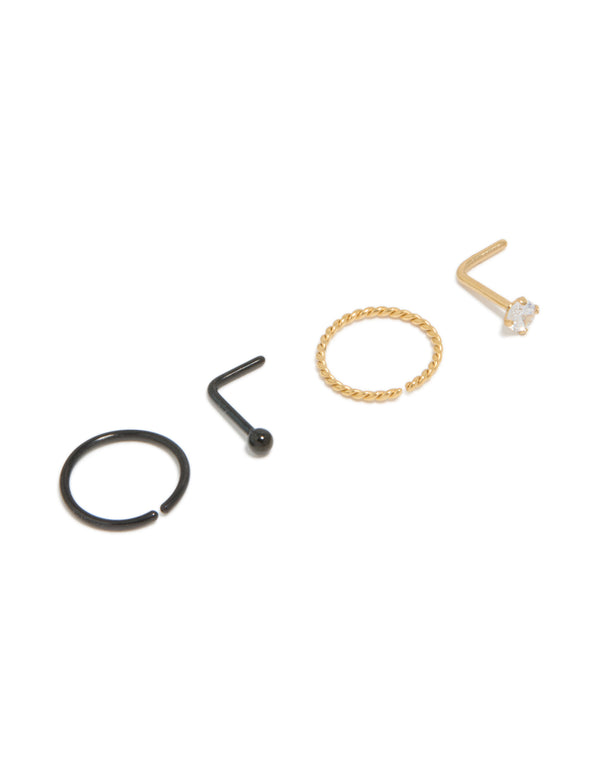 Mixed Metal Plated Surgical Steel Diamante Twist Nose Rings & Studs 4-Pack