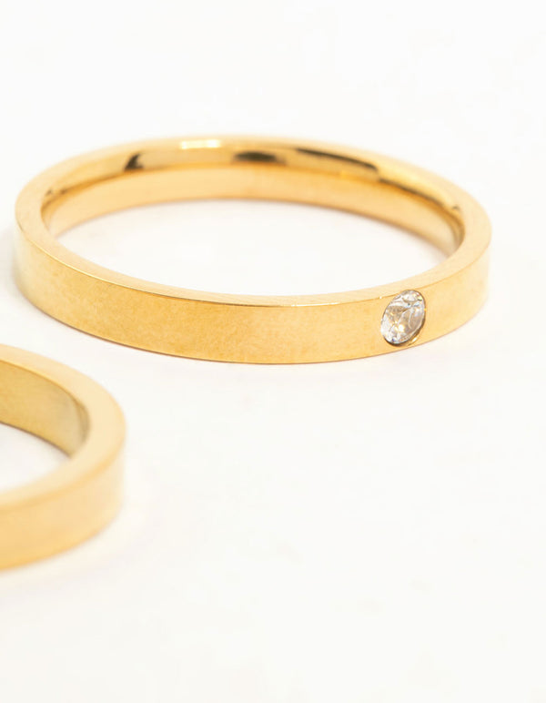 Waterproof Gold Plated Stainless Steel Cubic Zirconia Band Rings 2-Pack