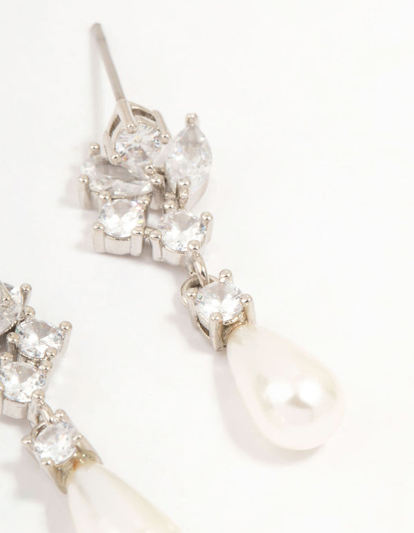 Silver Cubic Zirconia & Long Pearl Drop Earrings