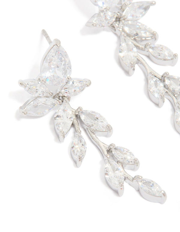Cubic Zirconia Dainty Leaf Silver Drop Earrings