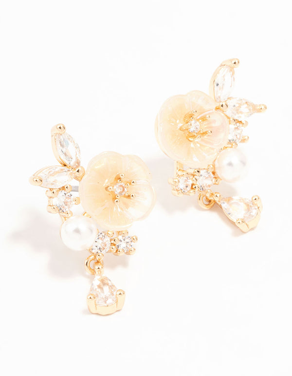 Gold Cubic Zirconia Flower Stud Earrings