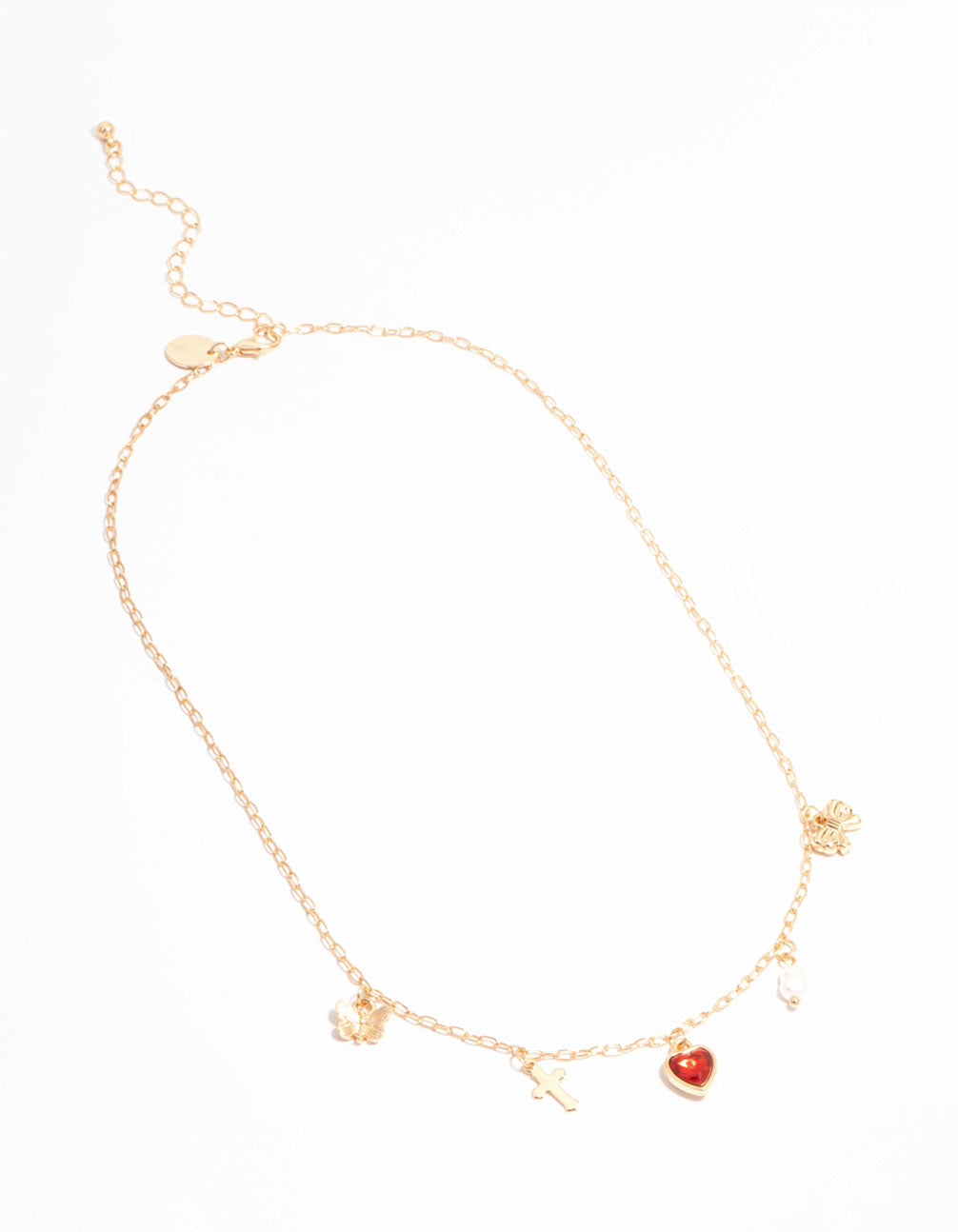 Gold Heart, Butterfly, Cross & Pearl Charm Necklace