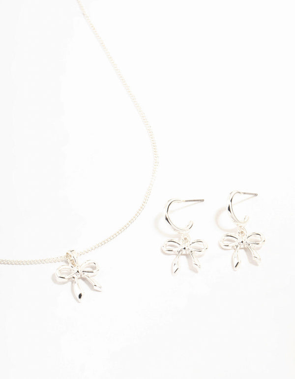 Silver Lovely Bow Necklace & Earrings Set