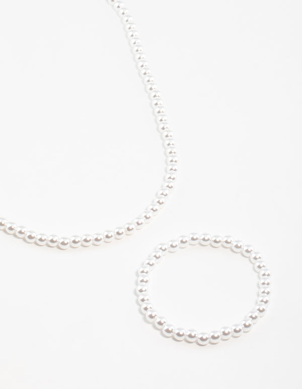 Gold Classic Pearl Stretch Bracelet & Necklace Set
