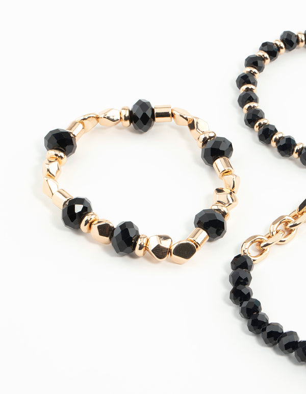 Gold & Black Faceted Bead Chain Stretch Bracelets 3-Pack