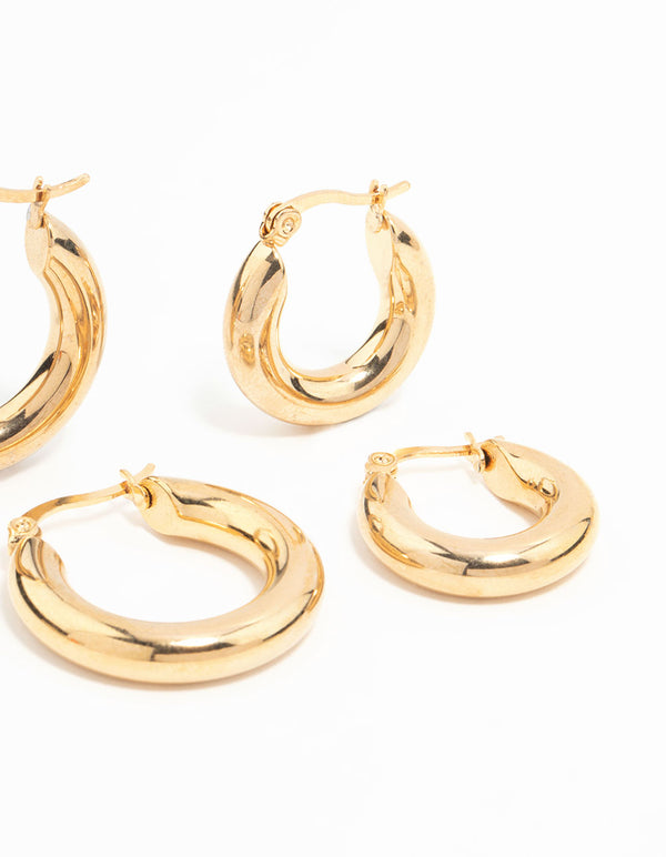 Waterproof Gold Plated Stainless Steel Tube Hoop Earrings 2-Pack