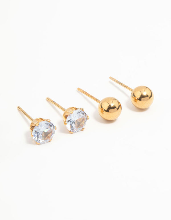 Waterproof Gold Plated Stainless Steel Mixed Stud Earrings 3-Pack