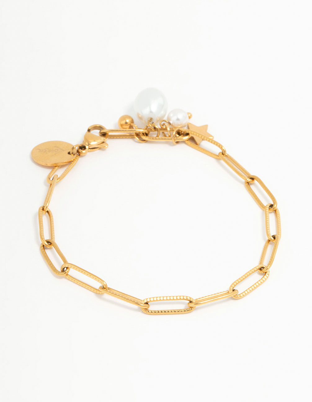Beautifully crafted waterproof gold plated stainless steel bracelet featuring celestial star charm with pearl accents front view