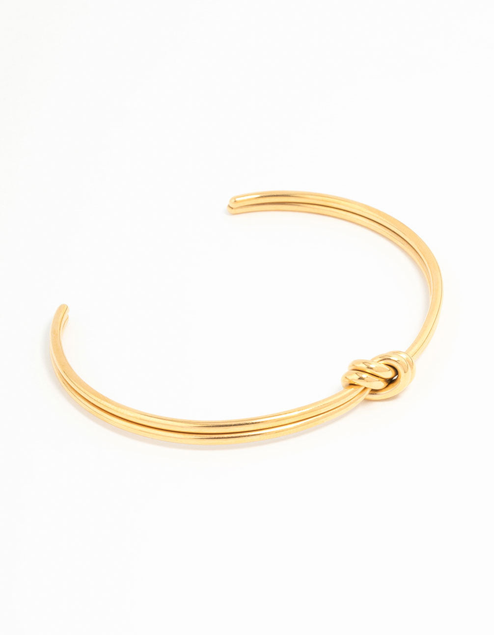 Showcasing waterproof gold plated stainless steel knotted wrist cuff front view