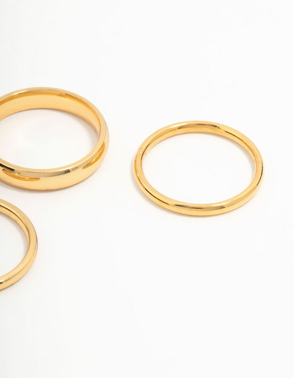 Highlighting waterproof gold plated stainless steel fanned stacking rings in a 3-pack side detail view