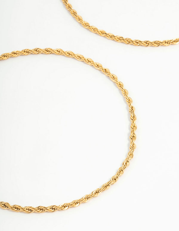 Close-up showcasing waterproof stainless steel 2-pack rope and chain anklets in gold plated detail view