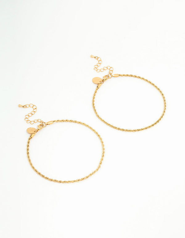 Featuring waterproof stainless steel 2-pack rope and chain anklets in gold plated front view