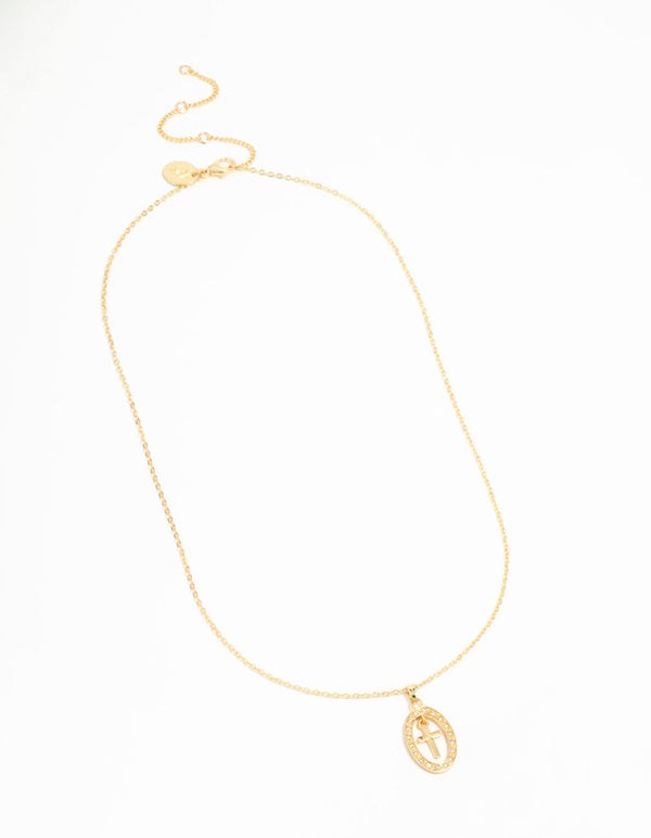 Gold Plated Cubic Zirconia Oval Cross Necklace