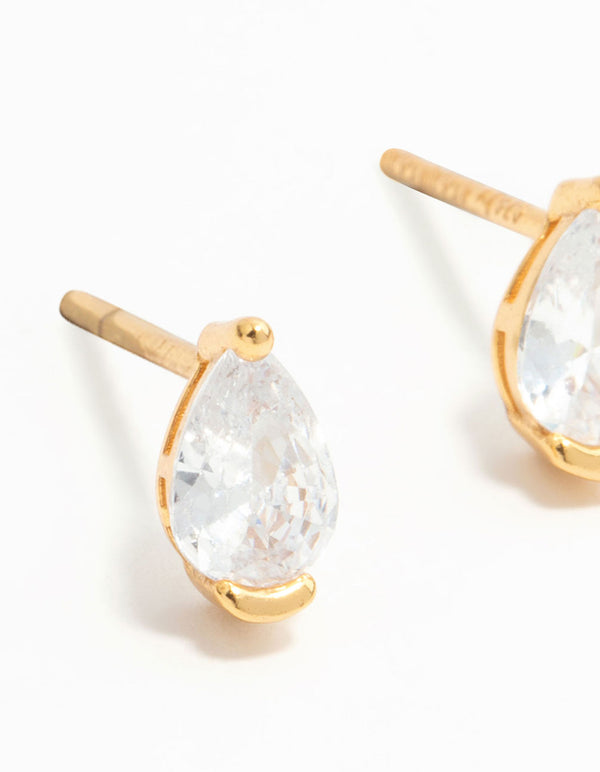 Gold Plated Sterling Silver Pear Shaped Diamante Stud Earrings