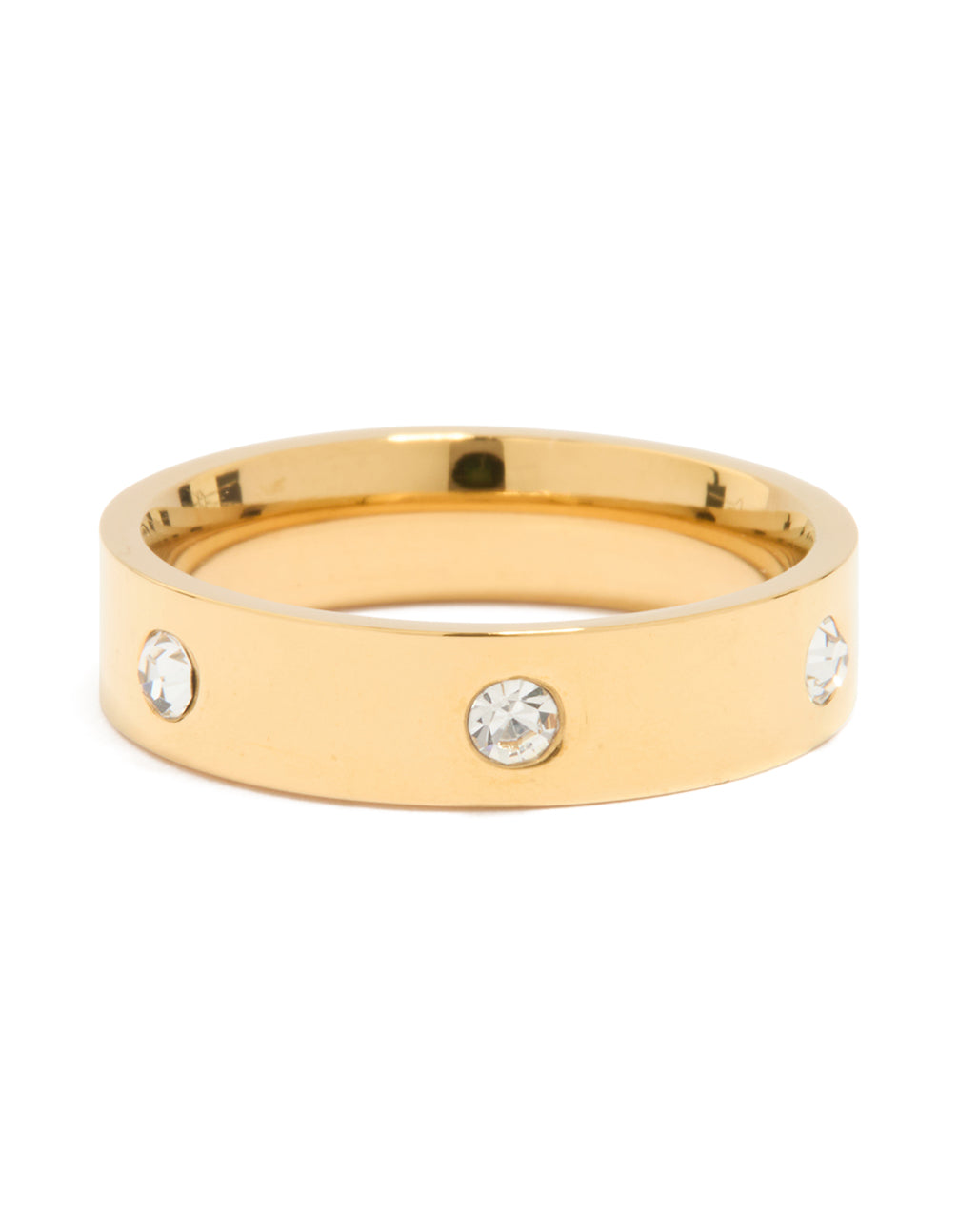 Showcasing a waterproof gold plated stainless steel cocktail band ring featuring cubic zirconia front view