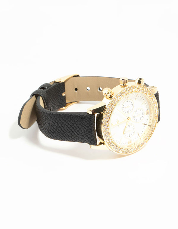 Black PU Leather & Diamante Mechanical Watch