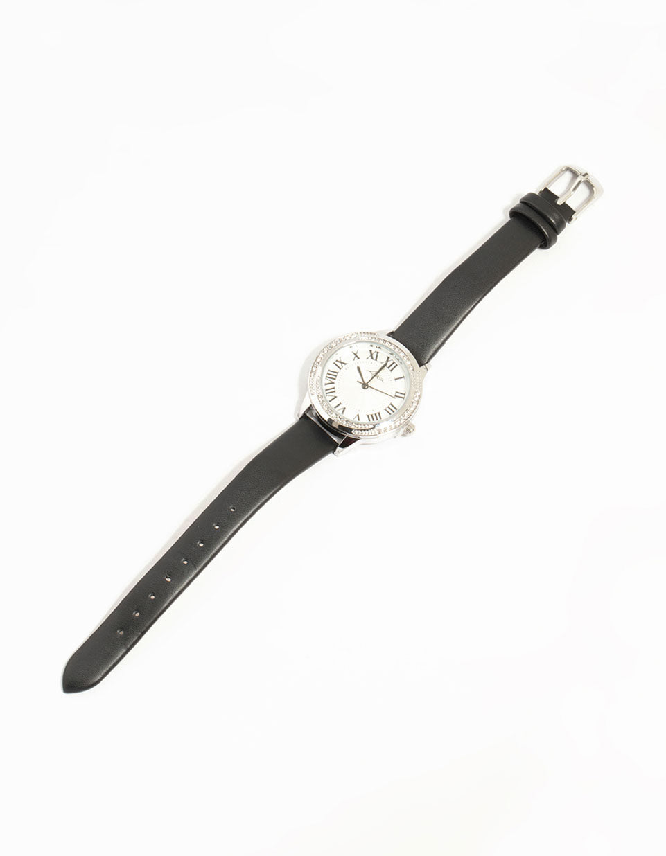 Elegant women's formal analog watch featuring white dial with roman numerals, round shape, black PU leather strap front view