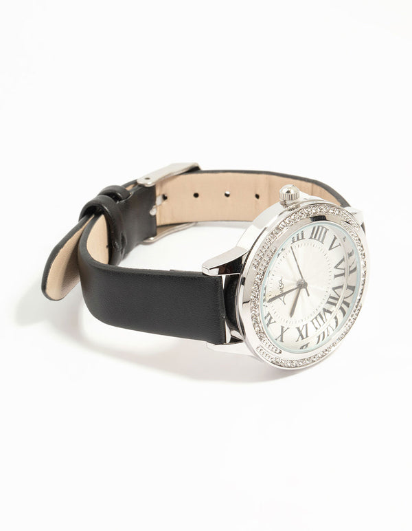 Black PU Leather Roman Numerals Analogue Watch