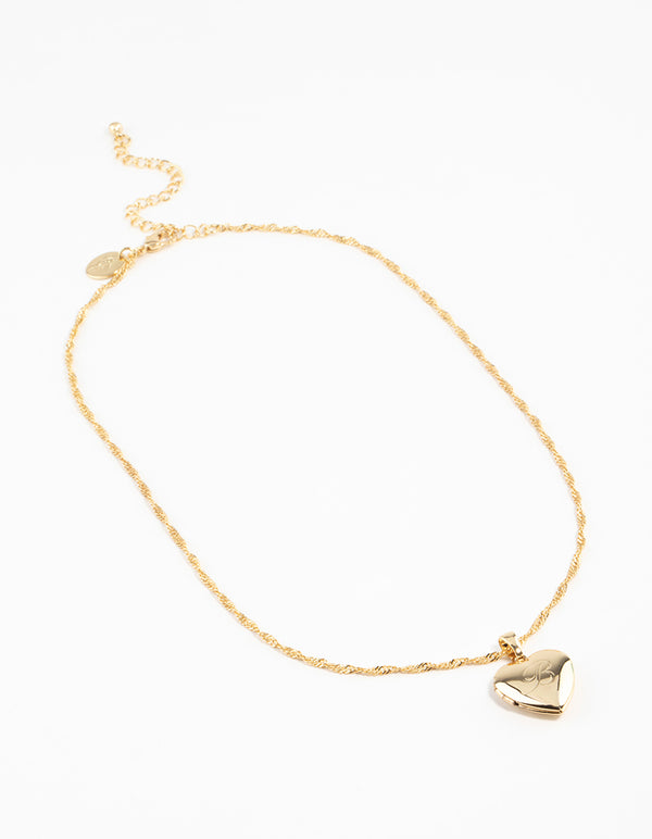 Elegant heart locket necklace with letter B initial in gold plated pendant front view