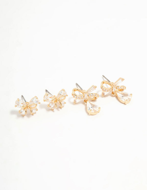 Gold Cubic Zirconia Bow Stud Earrings 2-Pack