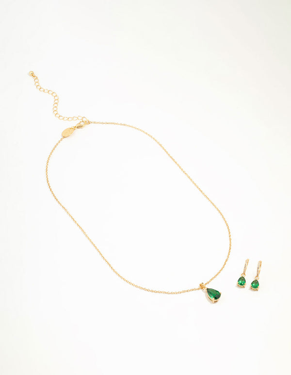 Gold Plated Emerald Teardrop Diamante Drop Necklace & Earrings Set