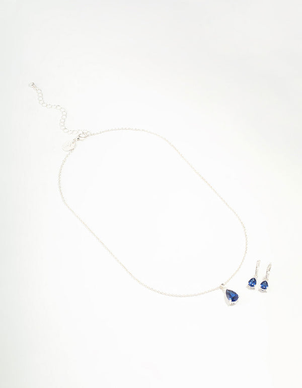 Silver Sapphire Teardrop Necklace & Earrings Set