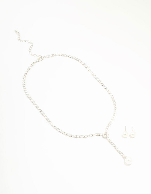 Silver Cubic Zirconia Pearl Y-Necklace & Earrings Set