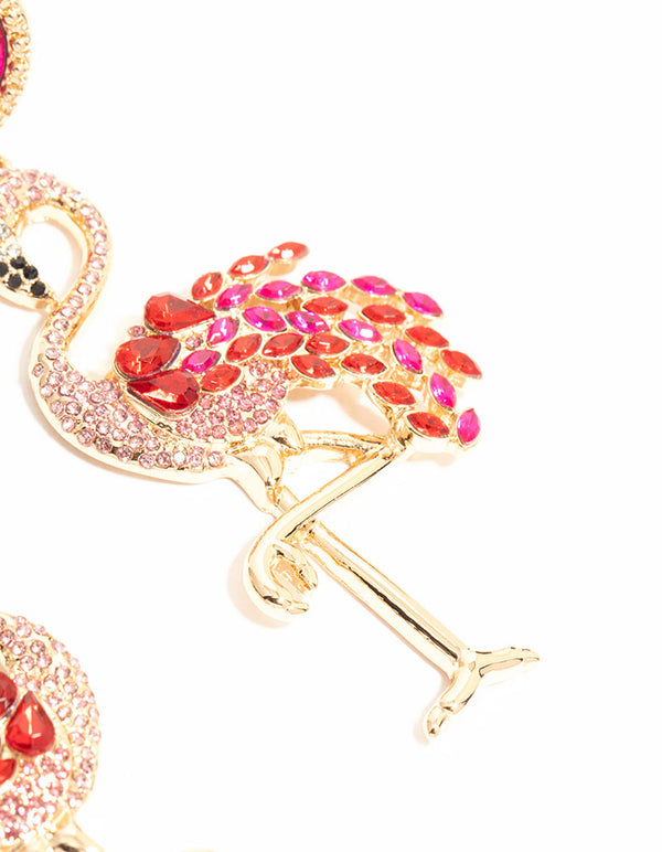 Gold Pink Diamante Flamingo Drop Earrings