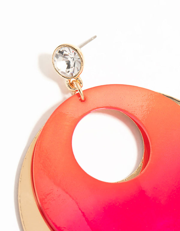 Gold Pink Diamante & Circle Drop Earrings