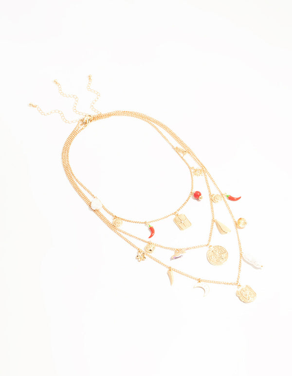 Gold Chilli & Disc Charm Necklace