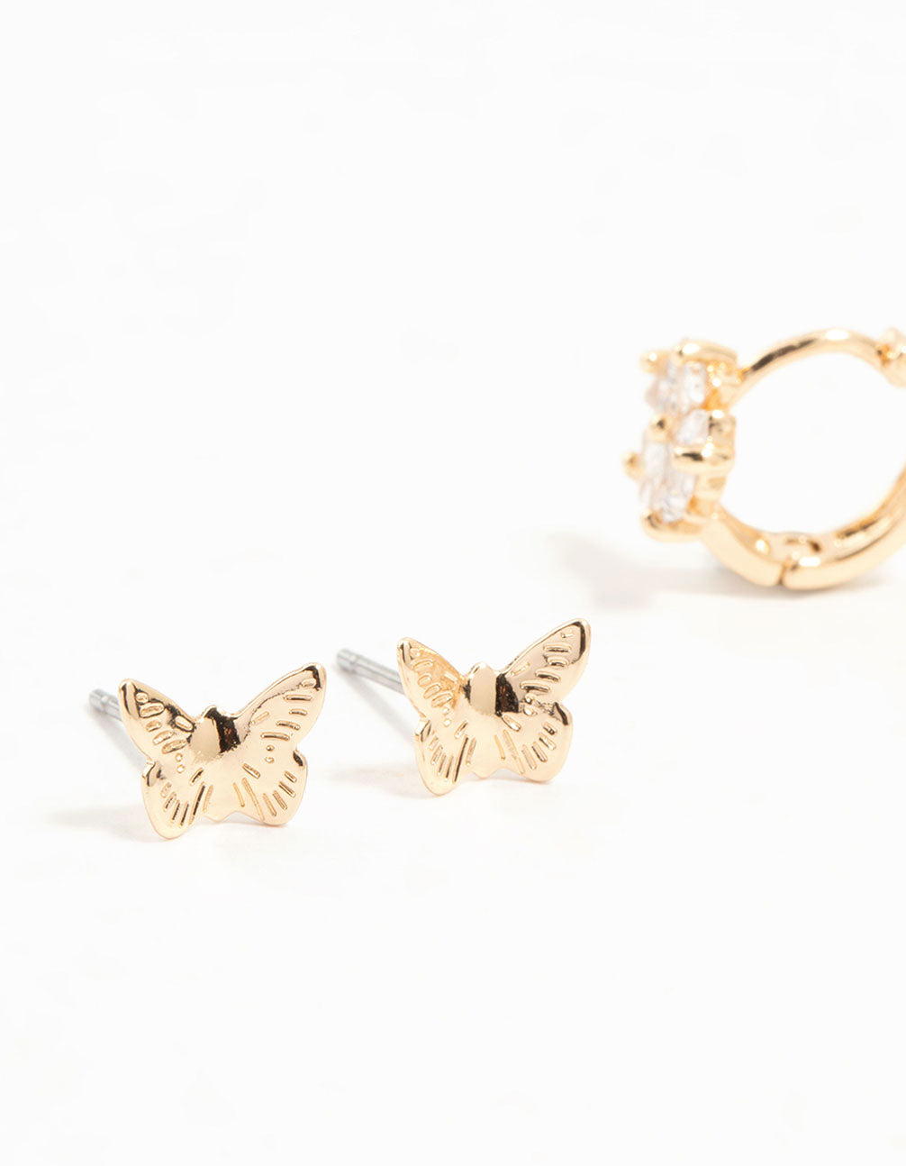 Gold Cubic Zirconia Butterfly Flower 3 Pack Earrings